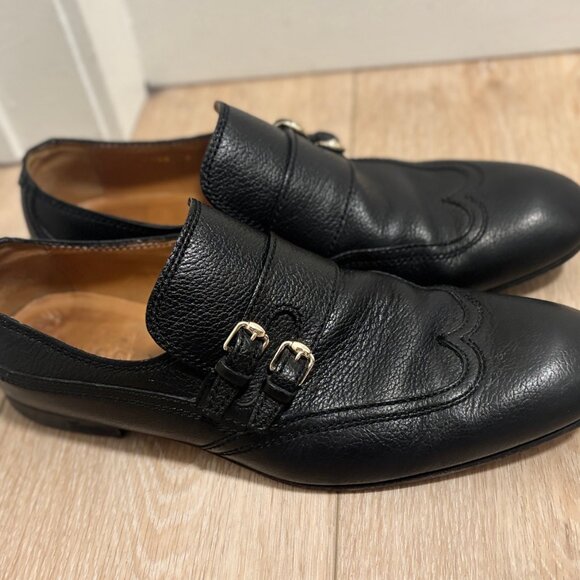 $1200 Gucci Wingtip Double Monk Black Leather Loafers / Shoes - 10 - Picture 12 of 12